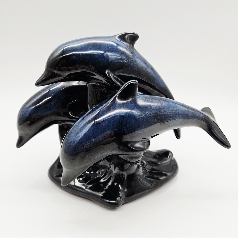 VINTAGE | Blue Mountain Pottery "The Surfers" cobalt blue 3 dolphin pod statue